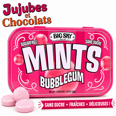 Boîte métal rose Big Sky Mints saveur gomme balloune, menthes sans sucre