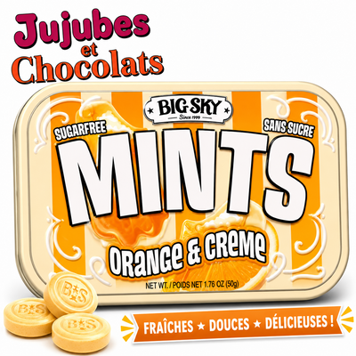 Boîte métal orange Big Sky Mints saveur orange et crème, menthes sans sucre