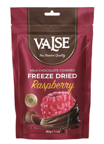 Valse framboises lyophilisée recouverte de chocolat au lait