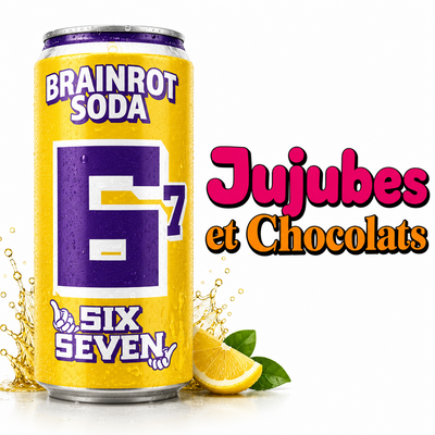 Canette Brainrot Soda Six Seven 330 ml, jaune et violette